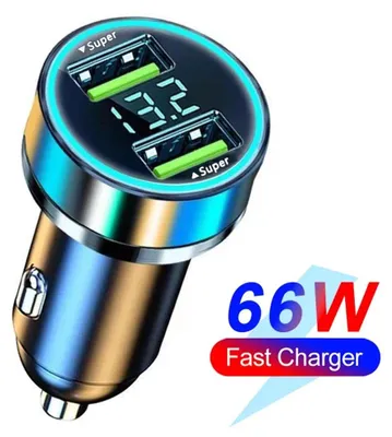 Zdjęcie produktu dla Ładowarka samochodowa USB - adapter do gniazda zapalniczki 12V - 2 porty szybkiego ładowania QC3.0 - moc wyjściowa 90W - cyfrowy wyświetlacz napięcia - wyświetlacz napięcia dla 2 portów