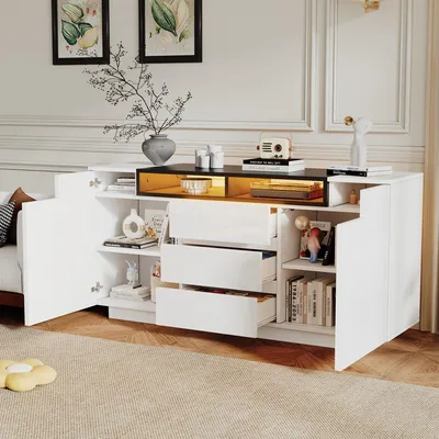 Immagine prodotto di MODFU Mobile lucido Mobile da soggiorno Mobile laterale con divisori regolabili e 3 cassetti, credenza Cassettiera a 2 ante, bianco+nero