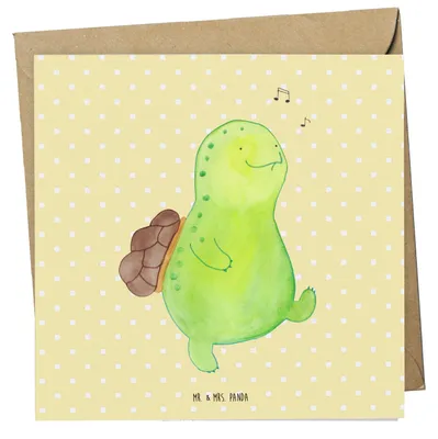 Produktbild von Mr. & Mrs. Panda Grußkarte Schildkröte Pfeifen - Gelb Pastell - Geschenk, anlasskarte, Motivation, Lebensfreude, Schildkröten, Klappkarte, Glückwunschkarte, faltkarte