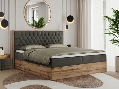 Produktbild von MKS MEBLE Boxspringbett 180x200 mit Bettkasten Eiche, Polsterbett 180x200 mit Matratze H3, Bett 180x200 mit Kopfteil, Bett mit Holzrahmen in Wotan Eiche - Dunkelgrau Velvet - Amore