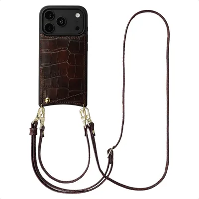 Produktbild von Selencia Nova Croco HandyHülle mit Kordel und Kartenhalter für das iPhone 17 Pro - Choco Brown