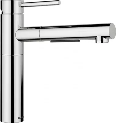 A close-up studio shot of a modern chrome kitchen faucet against a white background.