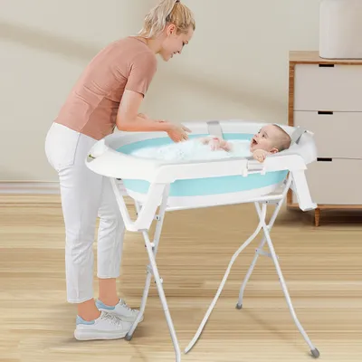 Produktbild von Babybadewanne mit Ständer 80cm Faltbar Baby Badewanne mit Kissen Grün