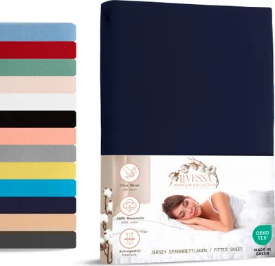 A product image showing a dark blue fitted sheet and a collage of other colored fitted sheets, along with marketing information and a model sleeping in a bed.