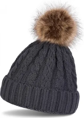 Produktbild von styleBREAKER Zopfmuster Bommelmütze, Strickmütze mit Fellbommel, Winter Beanie Mütze, Uni 04024064