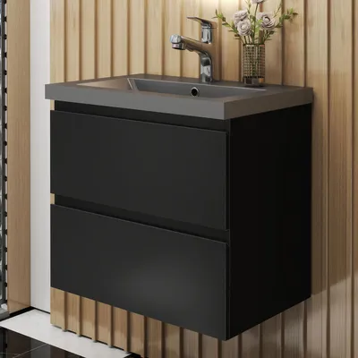 Produktbild von Badmöbel Set HUTI-Serie 60cm Dunkelgrau Waschbecken mit Unterschrank Badezimmermöbel mit 2 Schubladen Hochglanz Schwarz Hängeschrank
