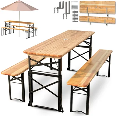Produktbild von holz4home® Bierzeltgarnitur 3-teilig aus Holz I 167 x 50 x 75 cm Tisch höhenverstellbar + 2 Bänke I Festzeltgarnitur Klappbar mit Wandhalterung