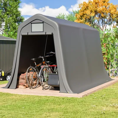 Produktbild von MODFU Outsunny Geräteschuppen Wasserdichtes PE-Lagerzelt mit Spitzdach & Belüftung, UV- & windfest, Lagerzelt für Motorrad & Gartenwerkzeug,Grau