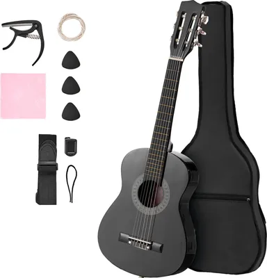 Produktbild von SucceBuy Konzertgitarre, 780 mm, Holz-Klassikgitarren-Starter-Set für Anfänger, mit Nylonsaiten, Tragetasche, Gurt, Stimmgerät, Ersatzsaiten, Plektren, Kapodaster, Linde, ideal für Einsteiger, Schwarz
