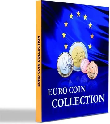 A book cover for a Euro coin collection with images of euro coins and the European Union flag.
