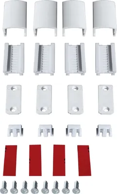 A collection of white plastic hardware components for blinds or similar fixtures, arranged in rows.