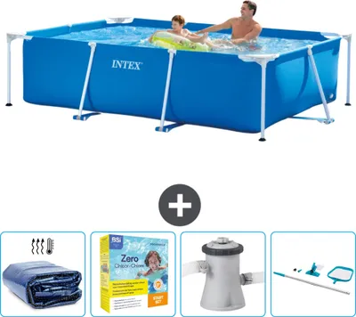 Produktbild von Intex-Schwimmbecken mit rechteckigem Rahmen – 260 x 160 x 65 cm – Blau – im Lieferumfang enthalten Sonnensegel - Wartungspaket - Filterpumpe für Schwimmbad - Reinigungskit
