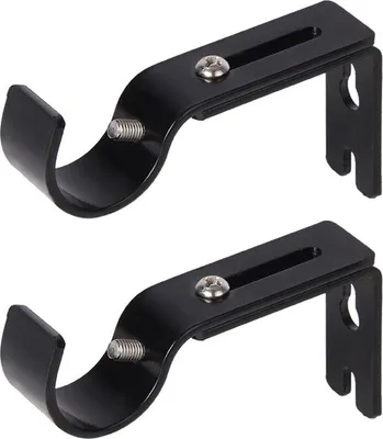 Two black metal curtain rod brackets are shown against a white background.