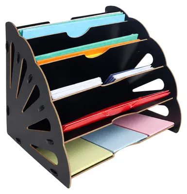 Immagine prodotto di Relaxdays, portadocumenti da scrivania, formato DIN A4, 5 scomparti inclinati, dimensioni: 28 x 34 x 28 cm, MDF, organizer per ufficio, porta documenti da scrivania, colore nero