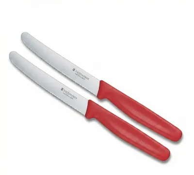 Produktbild von Victorinox Küchenmesser-Set 2 Stück Rot | 11 cm Klingenlänge | extra scharfer Wellenschliff | Tafelmesser & Küchenmesser | ergonomischer Griff | ideal für Brot Tomaten Obst Gemüse