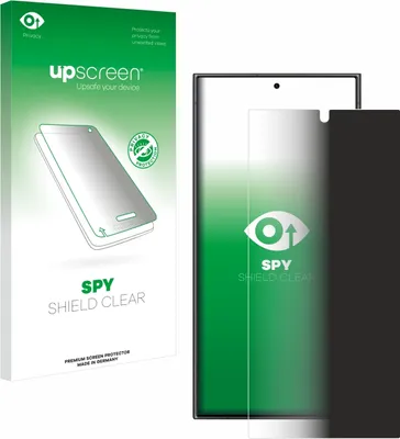 A product package for a screen protector is shown next to the screen protector itself, which is placed on a smartphone.
