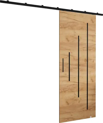 A sliding door with a wood grain finish and black vertical accents, mounted on a black track.