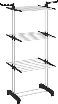Produktbild von Wäscheständer, 4 Ebenen, klappbar, 4 Rollen mit 2 Bremsen, Metallrahmen, Schwarz, 73 x 64 x 177cm