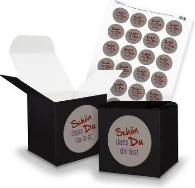 Produktbild von itenga SET Schön dass Du da bist (Motiv 6) 24x Würfel 6,5cm schwarz + Stickerbog