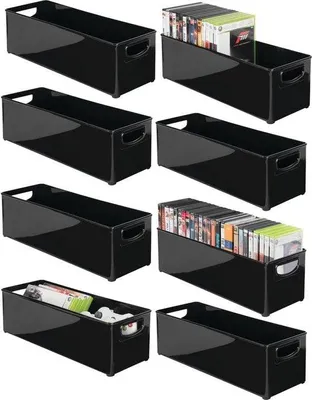 Zdjęcie produktu dla Zestaw organizerów DVD Unyqoos® – 8 sztuk, pojemniki do przechowywania płyt DVD, CD i gier wideo, wykonane z tworzywa sztucznego, kolor czarny, z uchwytami, wymiary: 40,6 x 14,6 x 12,7 cm