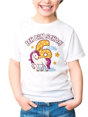 Produktbild von Kinder T-Shirt Mädchen Einhorn Alter Zahl Spruch Ich bin schon (3-8) Geschenk zum Geburtstag für Mädchen Moonworks® 6. Geburtstag weiß 122-128 (7-8 Jahre)