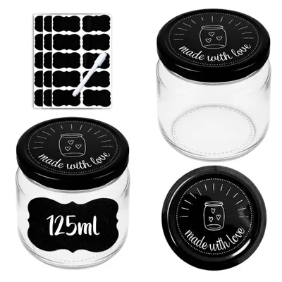 A collage of images showing glass jars with black lids, labels, and a sheet of labels with a pen.