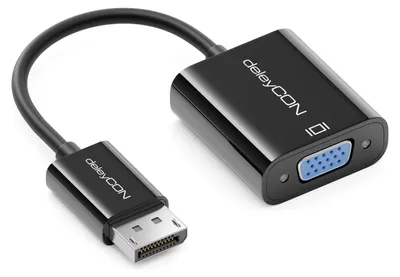 Produktbild von deleyCON DisplayPort auf VGA Adapter Konverter - (für Monitor/Beamer) DisplayPort Stecker auf VGA Buchse - für DP Computer/PC auf Monitor/Beamer - Schwarz