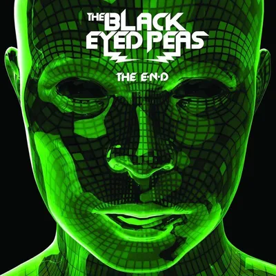 The album cover for The Black Eyed Peas' album 'The E.N.D.' features a stylized, green, wireframe human head against a black background.