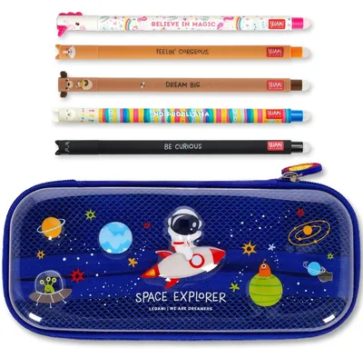 Produktbild von LEGAMI WonderWow Federmäppchen & radierbarer Stift | Set mit 5 niedlichen Tierstiften mit thermosensitiver Tinte + Federmäppchen mit 2 Fächern (Weltraum)