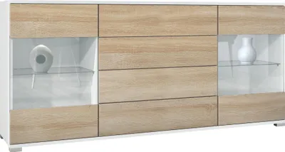 Produktbild von Vladon Sideboard Bari V2, Kommode mit 2 großen Türen und 4 Schubladen, Weiß matt/Eiche sägerau (166,5 x 75,5 x 35)