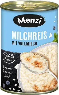 A can of Menzi Milchreis mit Vollmilch (rice pudding with whole milk).