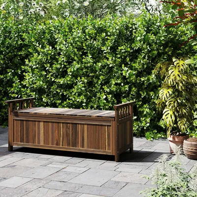 Image de Banc de jardin pour 2 personnes avec espace de rangement de 151 litres, résistant aux intempéries, banc en bois avec accoudoirs, en bois de pin carbonisé | 128,5 x 52 x 53,5 cm | Charge maximale : 240 kg