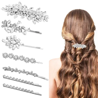 Produktbild von 7-teiliges Set silberner, blattförmiger Strass-Haarspangen für Bräute, Hochzeits-Haarschmuck für Damen, glänzende Haarspangen für die Braut