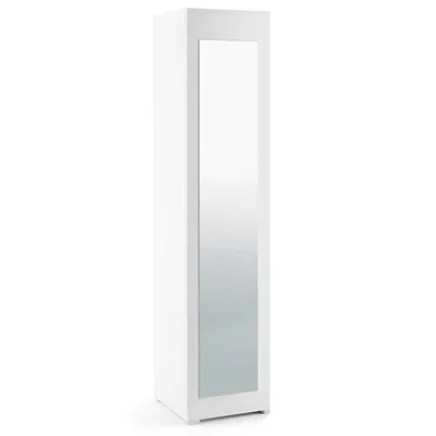 A tall, narrow white cabinet with a full-length mirror on the front is shown against a white background.