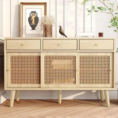 Immagine prodotto di Credenza in rattan con 3 cassetti, 3 ante scorrevoli, dimensioni 120x40x78 cm, finitura effetto legno di quercia, realizzata in MDF con gambe in legno massello