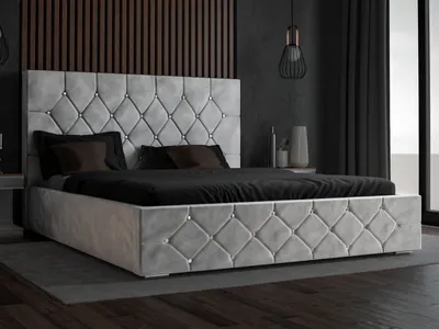 Obrázek produktu pro Čalouněná postel GRAINGOLD Glamour 180x200 cm Rossa - velurová látka, lamelový rošt, zásuvka - manželská postel s krystaly - světle šedá (Magic Velvet 2218)