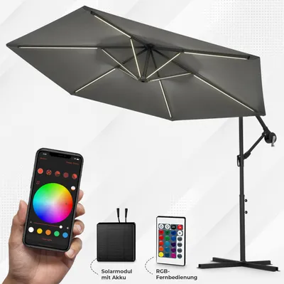 Produktbild von Luxus LED Sonnenschirm mit RGB Beleuchtung inkl. Fernbedienung, APP Steuerung, Ampelschirm, Garten Schirm 350 cm - anthrazit