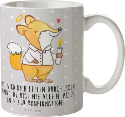 Produktbild von Mr. & Mrs. Panda Kaffeebecher Fuchs Konfirmation - Grau Pastell - Geschenk, schöne tasse, Gott, Kommunion, Kaffeetasse, Alles Gute, Becher, bedruckt, Gläubig