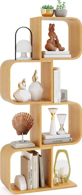 Immagine prodotto di libreria a 4 livelli, scaffale a S con 4 cubi, scaffale in bambù per soggiorno, ufficio, camera da letto, scaffale a cubo, naturale (4 cubi)
