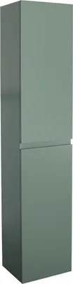 A tall, narrow, gray bathroom cabinet is shown against a white background.