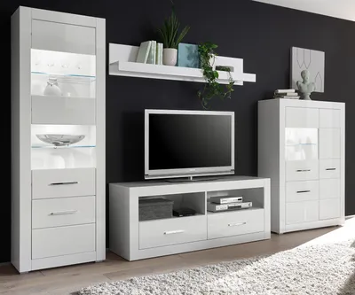 Produktbild von Wohnwand "Carrara" weiß Hochglanz Schrankwand 4-teilig 335 x 198