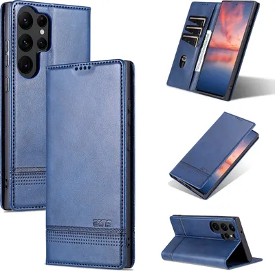 Immagine prodotto di Custodia per Samsung Galaxy S23 Ultra, portafoglio con chiusura magnetica e supporto, custodia in pelle flip blu