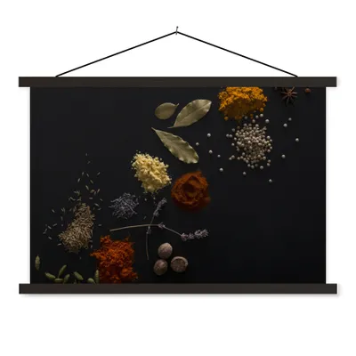 Produktbild von MuchoWow® Textilposter Kräuter - Schwarz - Gewürze - Küche - Kochen 60x40 cm mit schwarzem Rahmen - Hölzernes
