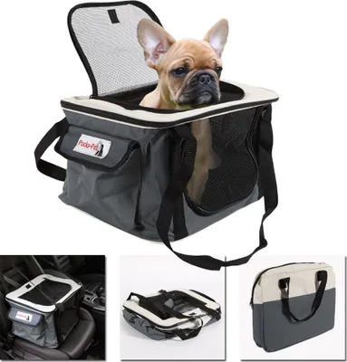 A collage of images showing a dog carrier bag, including a dog inside, the bag in a car, and the bag folded.
