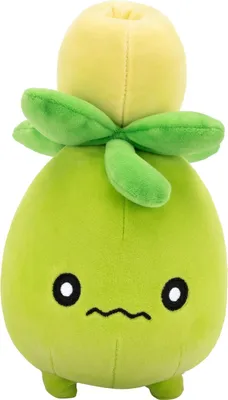 A plush toy of a green, round creature with a yellow head and green leaves around its neck.