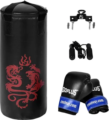 Produktbild von Kinder Boxsack Set, Punchingsack Set mit Boxsack (Φ25CM, H60CM, 10KG) + EIN Paar Boxhandschuhe (8oz) + Springseil + Deckhalterung + Tasche, Punching- & Boxgeräte für Kinder