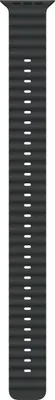 A close-up, top-down view of a black watch band extension with white dashed lines.