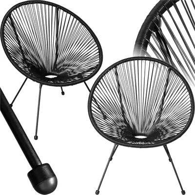 Two black Acapulco-style chairs are shown against a white background.