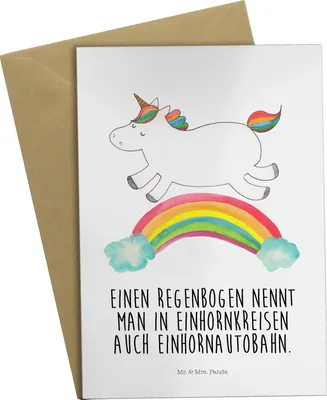 Produktbild von Mr. & Mrs. Panda Glückwunschkarte Einhorn Regenbogen - Weiß - Geschenk, Glitzer, hochzeitskarten, Unicorn, Erwachsenwerden, weihnachtskarten, Klappkarte, Grußkarten