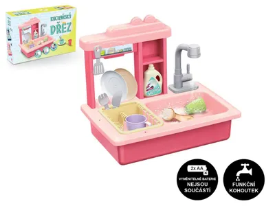 Image de Évier rose + robinet à piles en plastique avec accessoires, dans une boîte de 46 x 28 x 12 cm